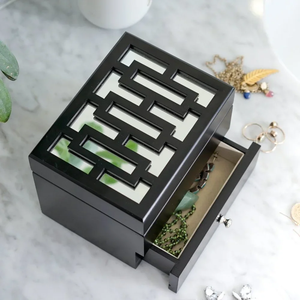 Hive Honey Amy Jewelry Box Black Mirrored Drawer Felt Lined Divided Compartment